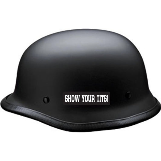 Show your tits vinyl motorcycle helmet sticker on a helmet - bold biker decal