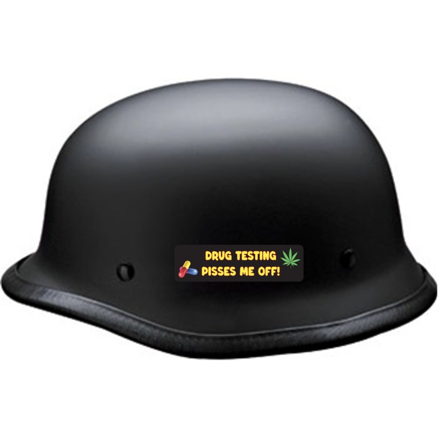 Drug testing pisses me off vinyl motorcycle helmet sticker on black helmet - funny biker decal