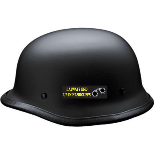 I always end up in handcuffs vinyl motorcycle helmet sticker on a helmet - funny biker decal