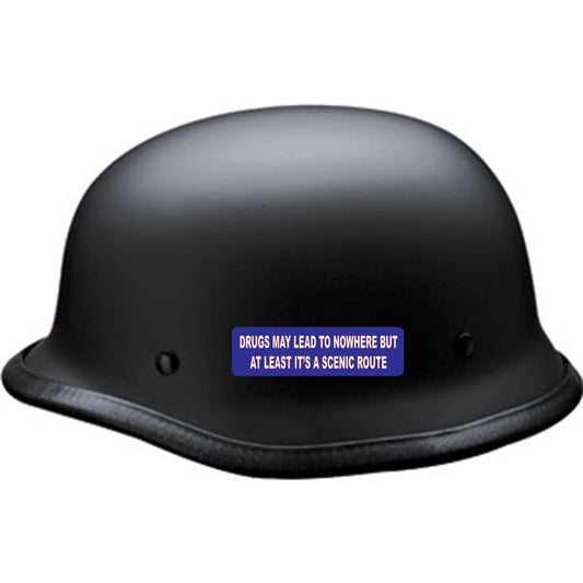 Drugs may lead to nowhere but at least it's a scenic route vinyl motorcycle helmet sticker on a helmet - funny biker decal