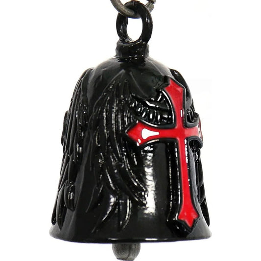 red cross with wings on black motorcycle bell right front view