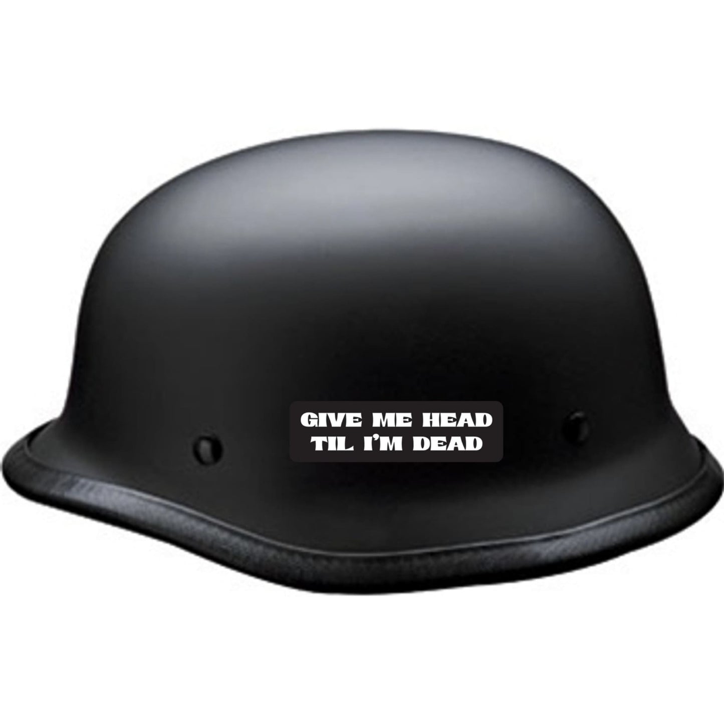 Gimme head til I'm dead vinyl motorcycle helmet sticker on a helmet - funny biker decal