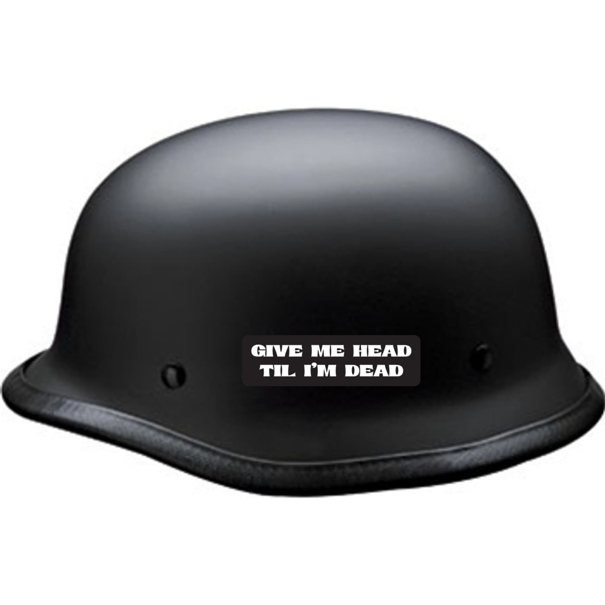 Gimme head til I'm dead vinyl motorcycle helmet sticker on a helmet - funny biker decal