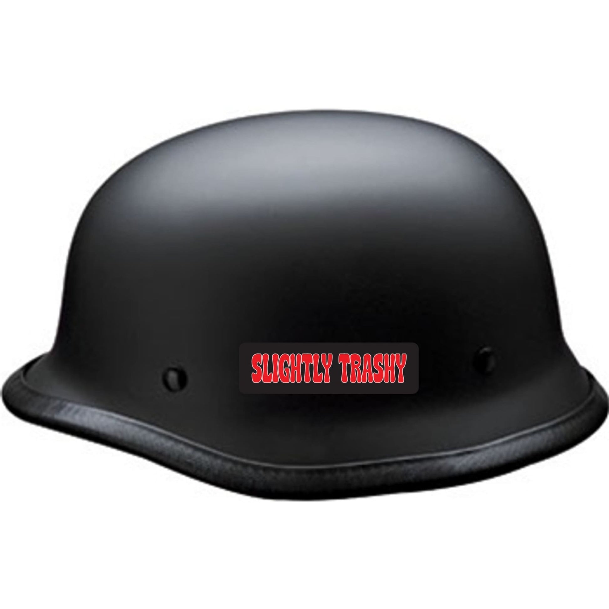 Slightly trashy vinyl motorcycle helmet sticker on a helmet - funny biker decal