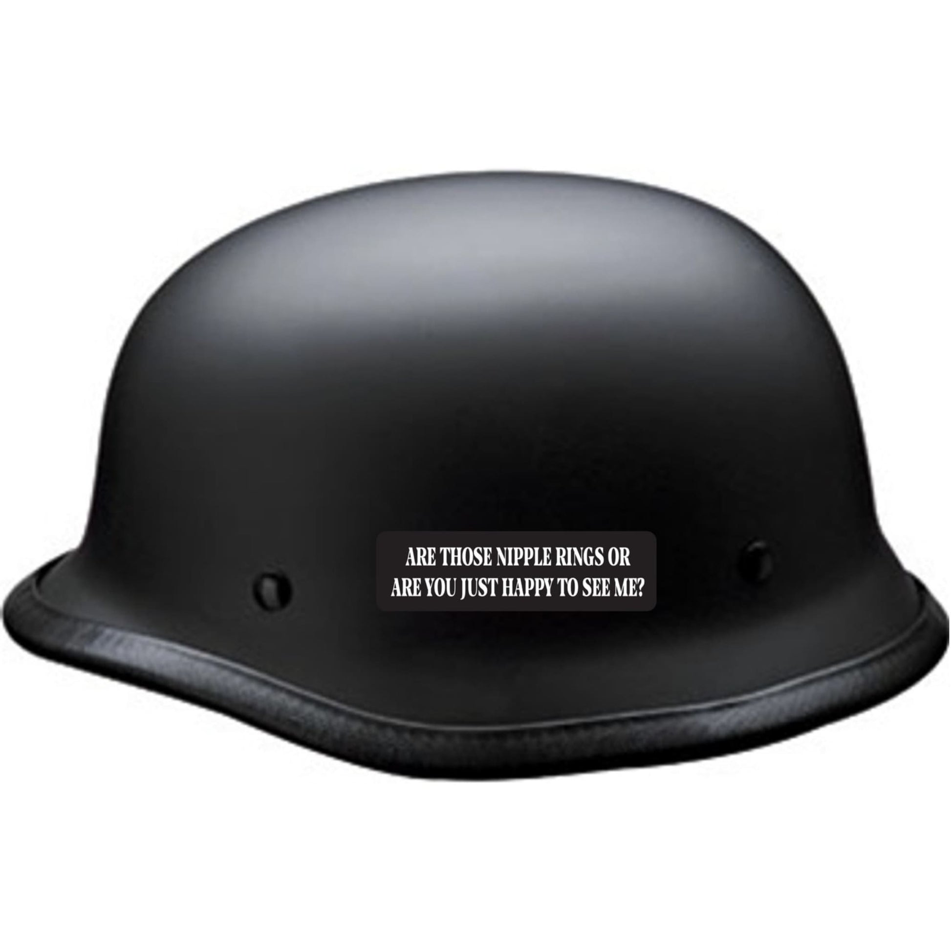 Are those nipple rings or are you just happy to see me vinyl motorcycle helmet sticker on black helmet - funny biker decal