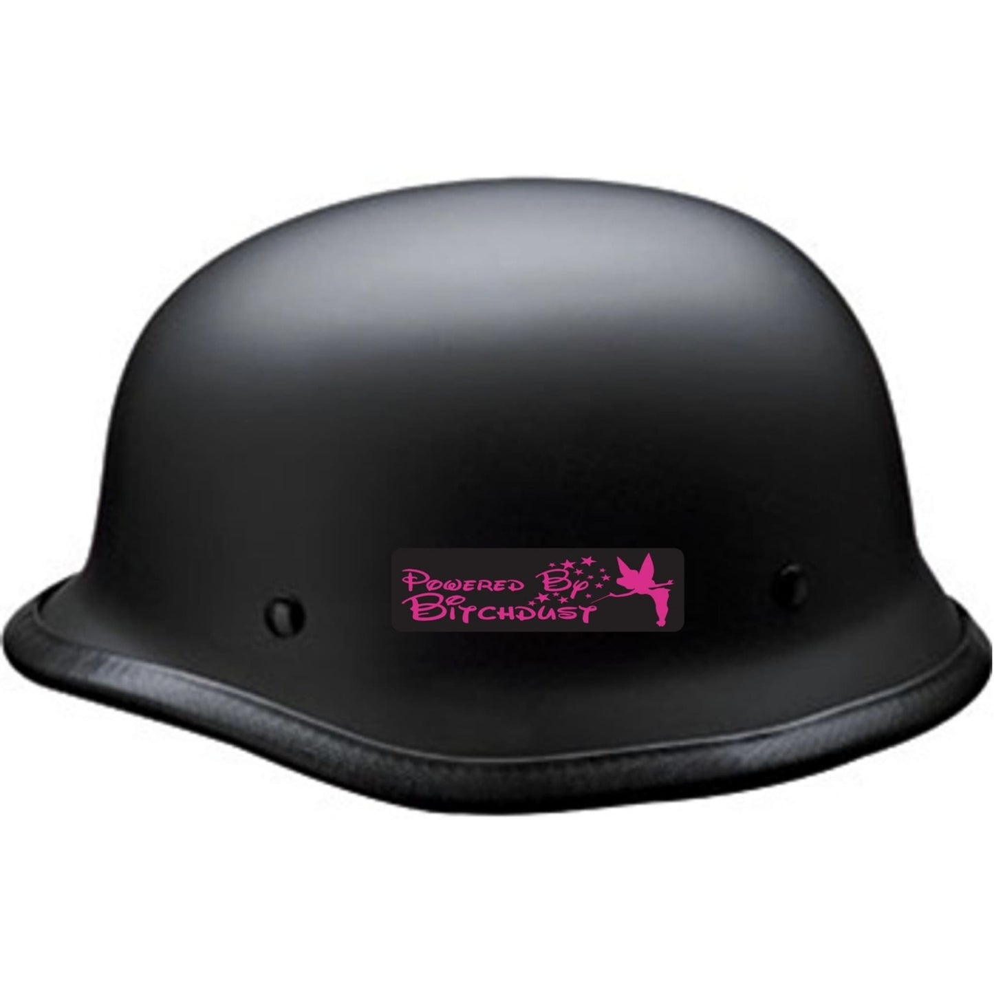 Powered by bitch dust vinyl motorcycle helmet sticker on black helmet - women's biker decal