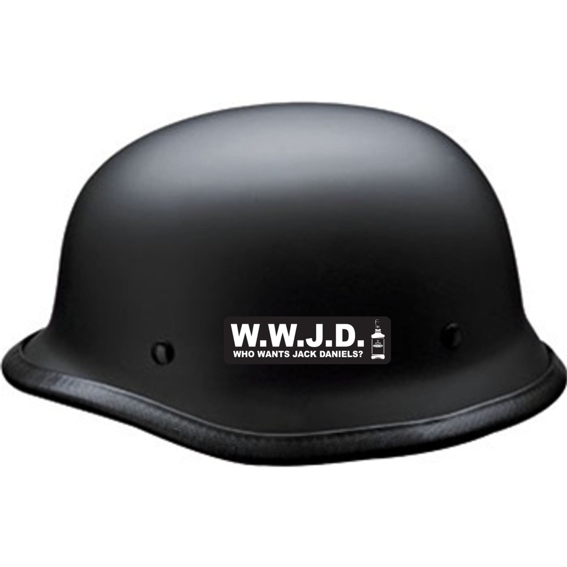WWJD who wants Jack Daniels vinyl motorcycle helmet sticker on black helmet - funny biker decal