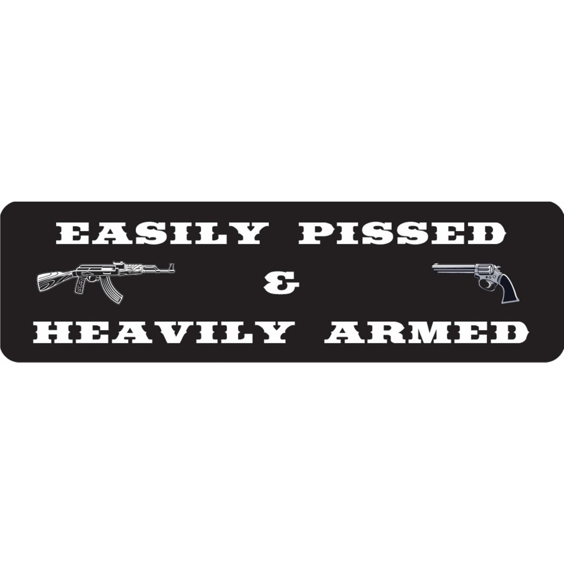 Easily pissed and heavily armed vinyl motorcycle helmet sticker - bold biker decal