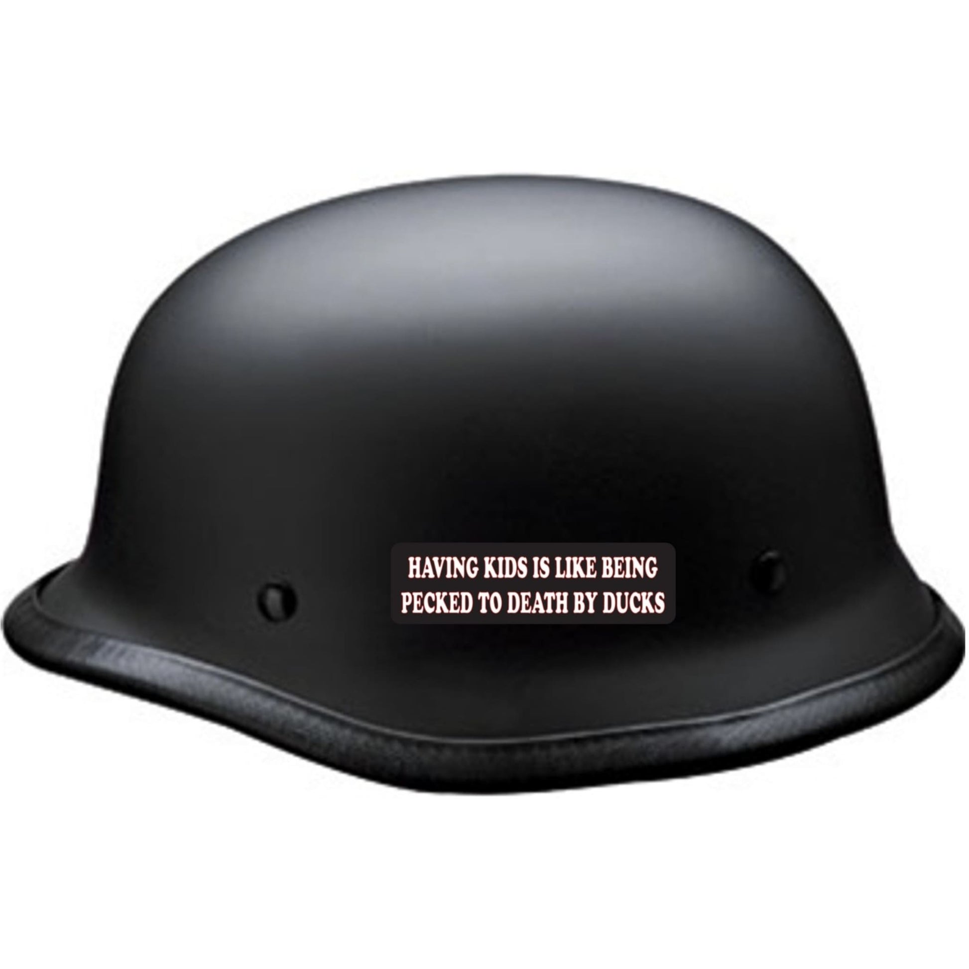 Having kids is like being pecked to death by ducks vinyl motorcycle helmet sticker on black helmet - funny biker decal
