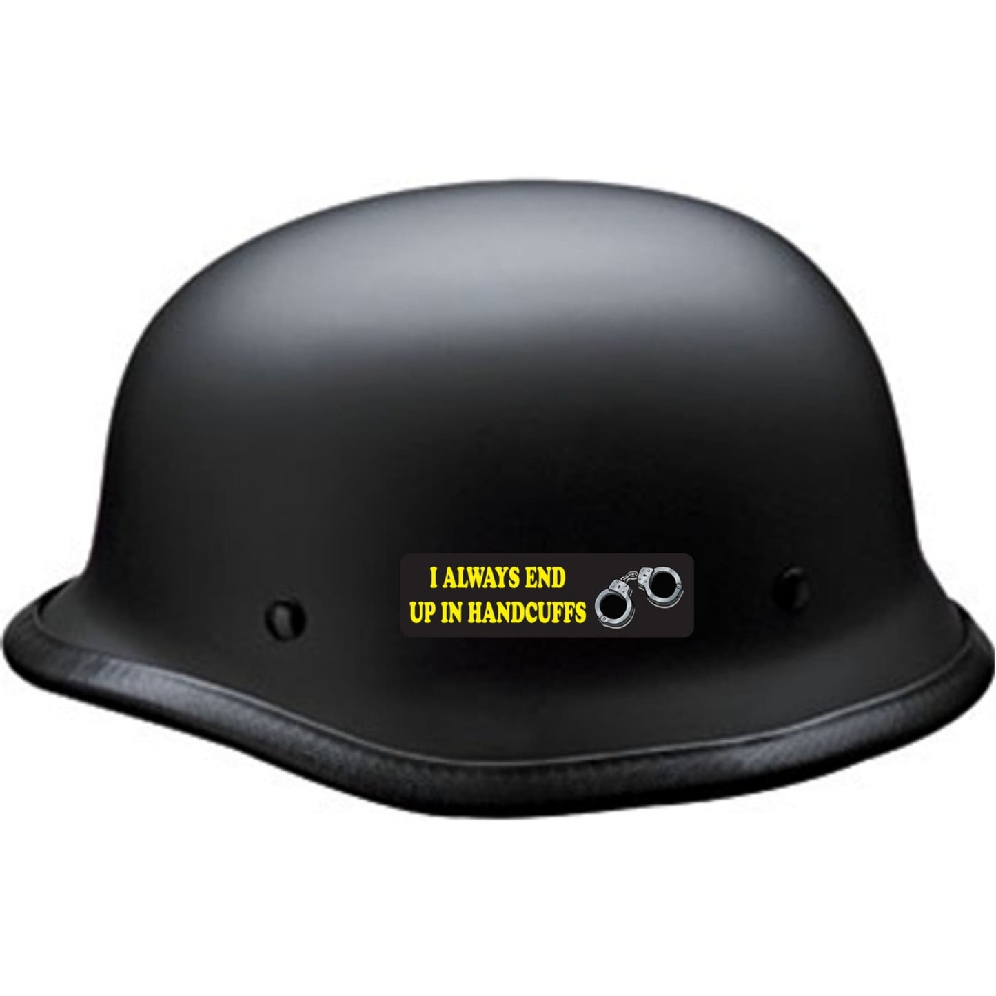 I always end up in handcuffs vinyl motorcycle helmet sticker on a helmet - funny biker decal