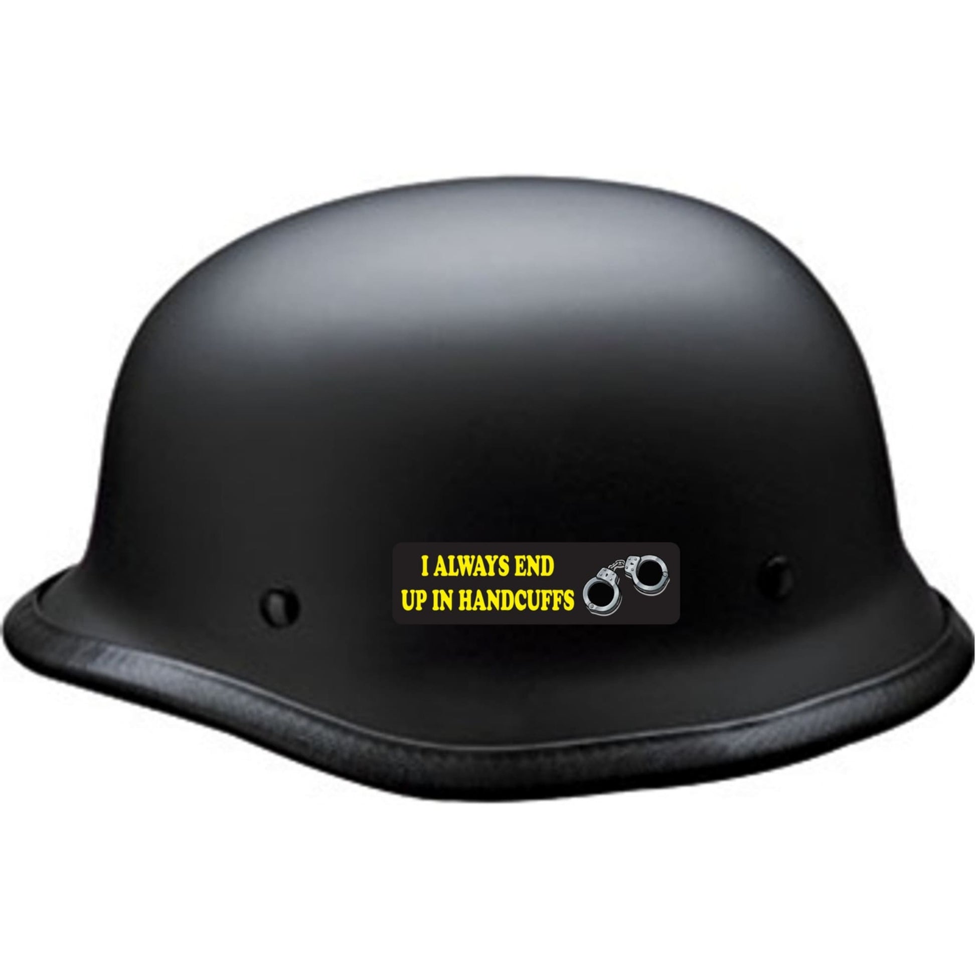 I always end up in handcuffs vinyl motorcycle helmet sticker on a helmet - funny biker decal