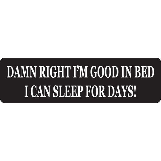 Damn right I'm good in bed I can sleep for days vinyl motorcycle helmet sticker - funny biker decal