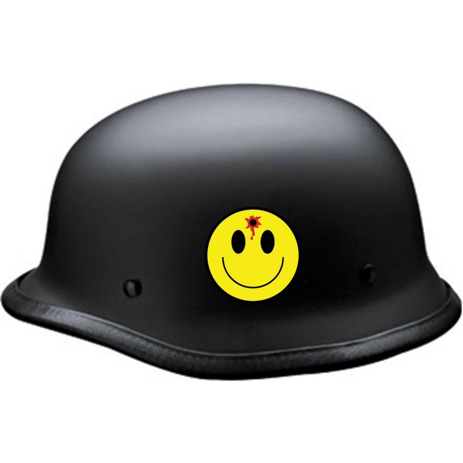 Smiley face with bullet hole circle vinyl motorcycle helmet sticker on a helmet - funny biker decal