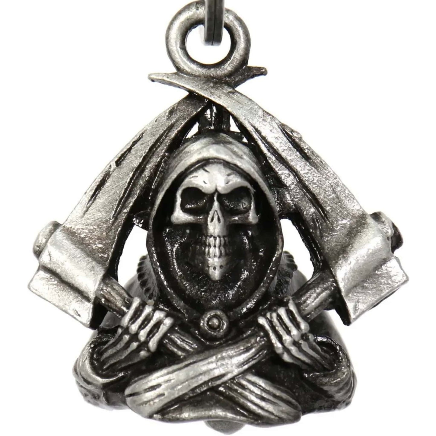 Grim reaper front view steel motorcycle guardian bell - skull reaper biker charm