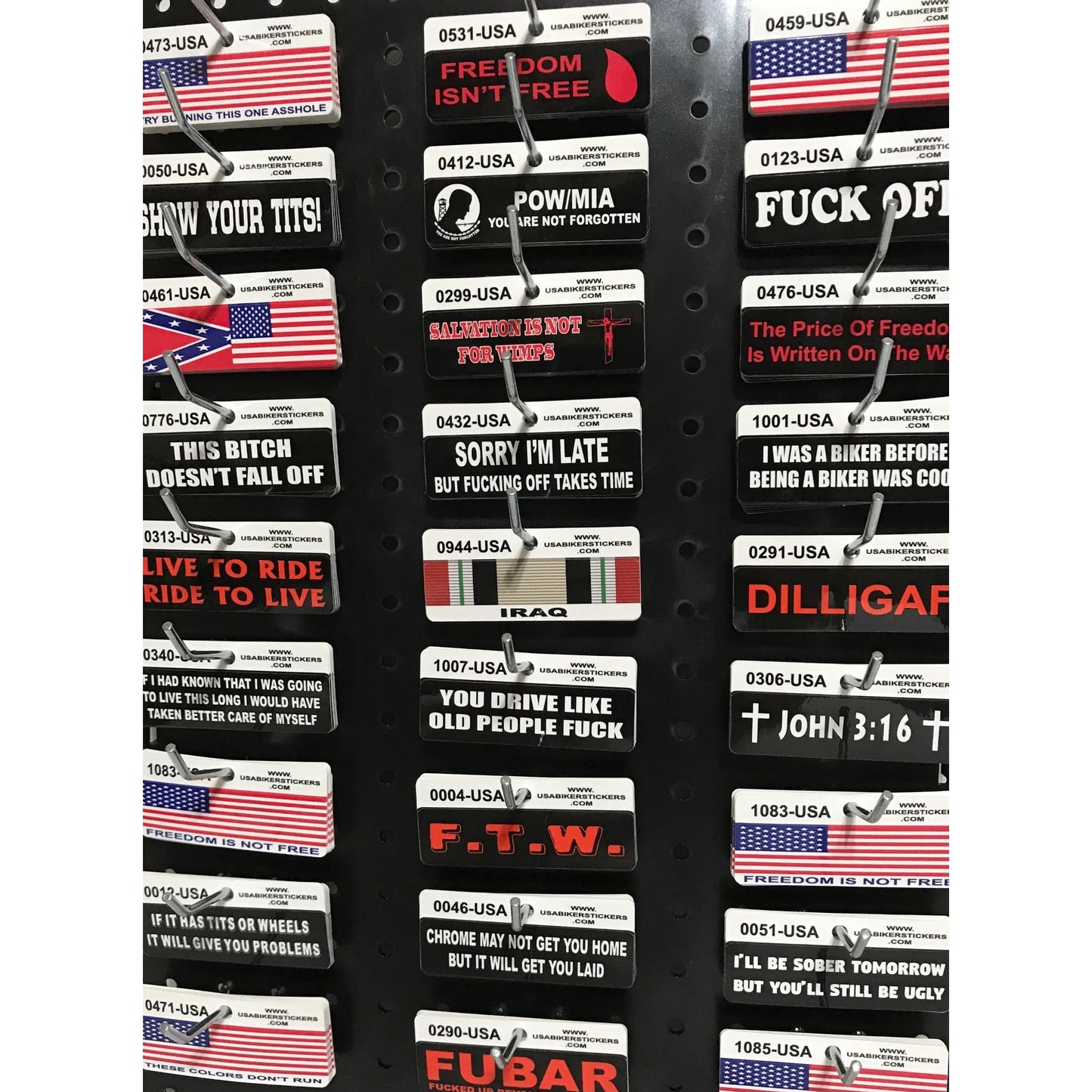 108 Peg hook countertop rotating helmet sticker display case panel view