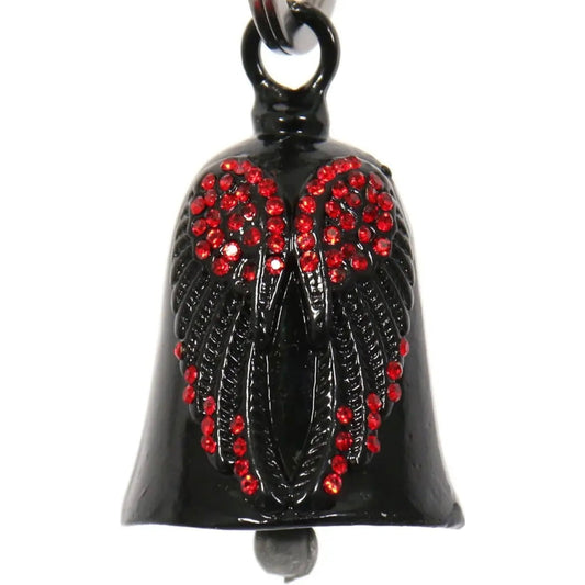 red bling angel wings on black motorcycle bell right front view