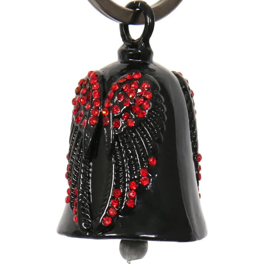 red bling angel wings on black motorcycle bell left front view