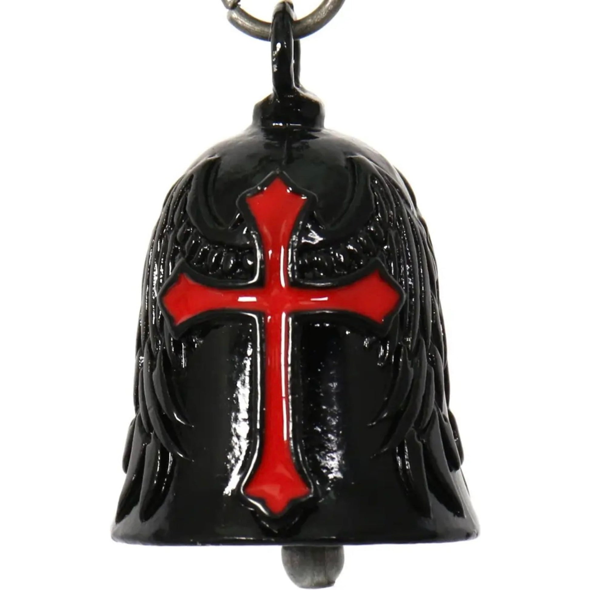 red cross with wings on black motorcycle bell front view