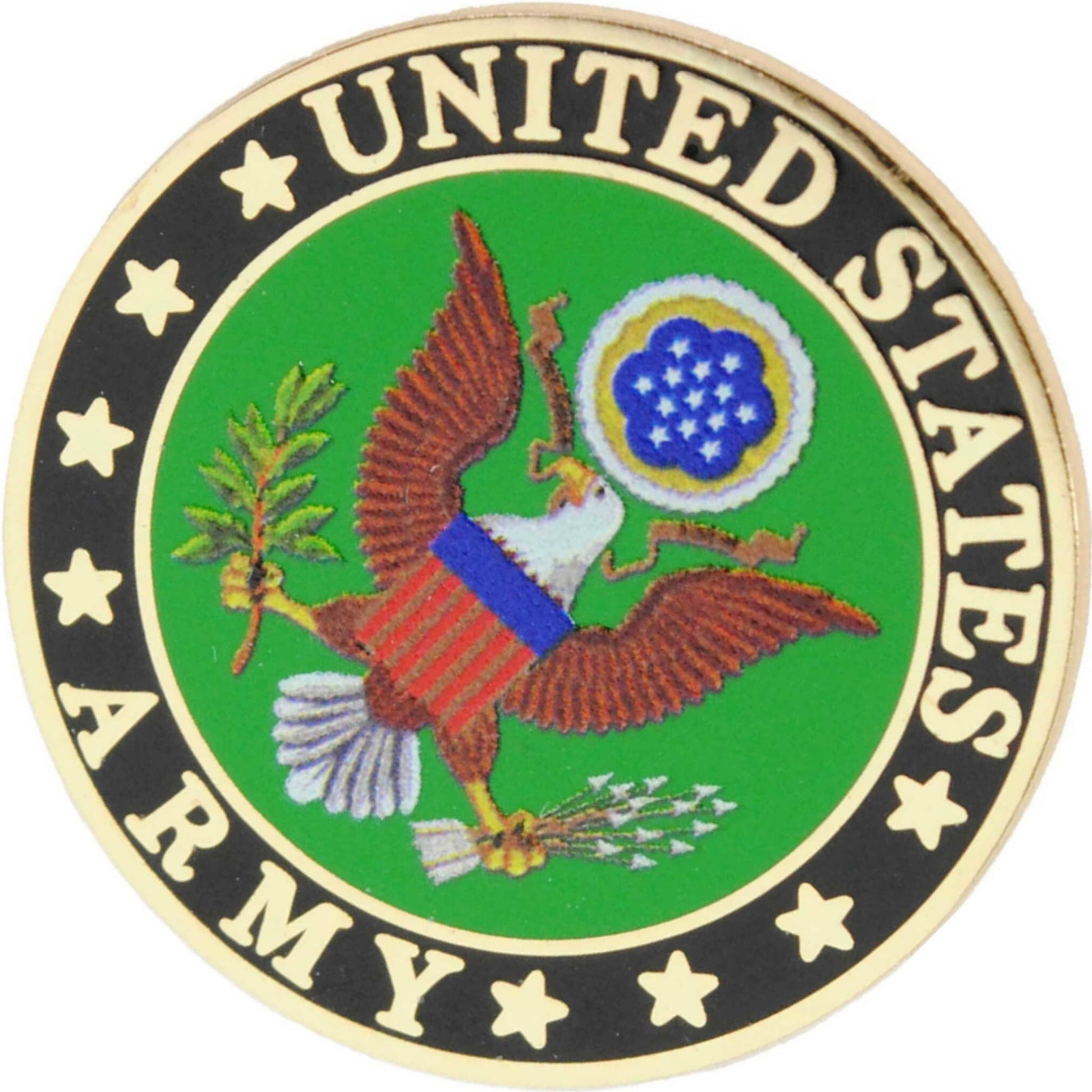 US Army logo metal and soft enamel lapel pin top right angle view
