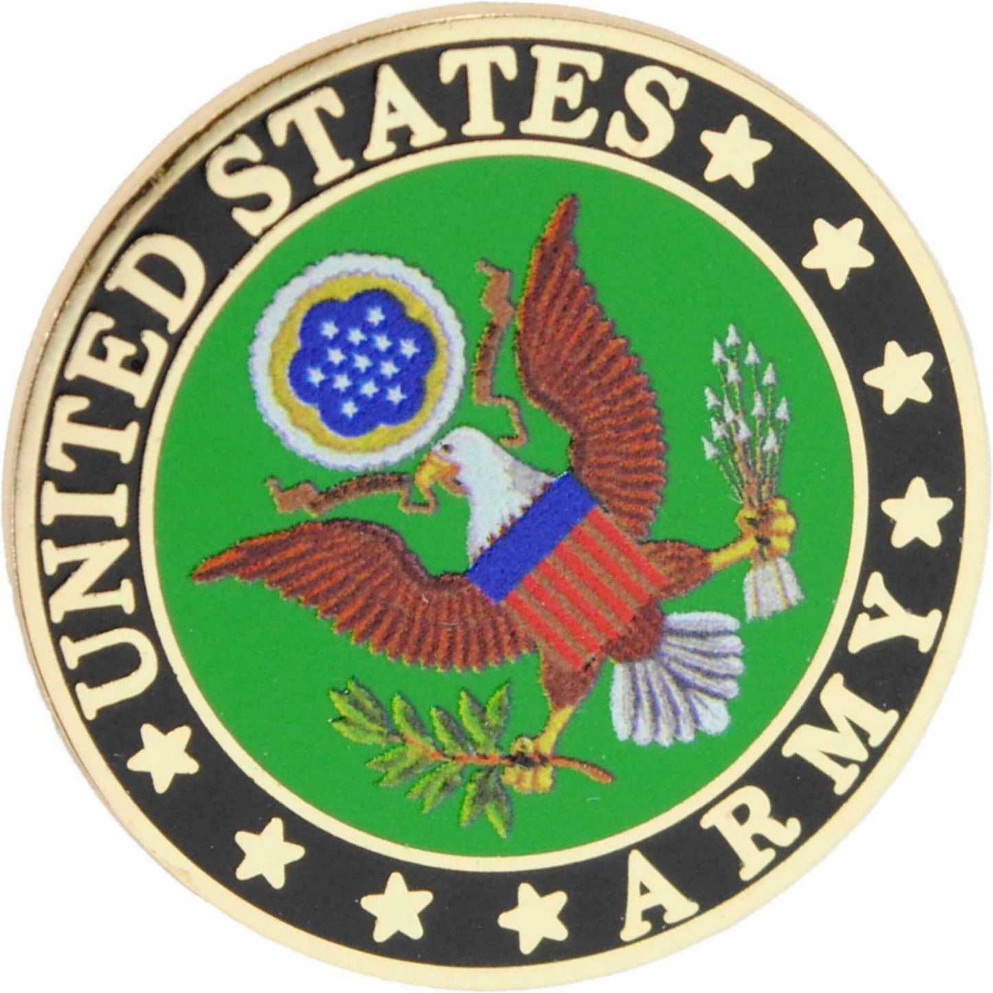 US Army logo metal and soft enamel lapel pin top left angle view