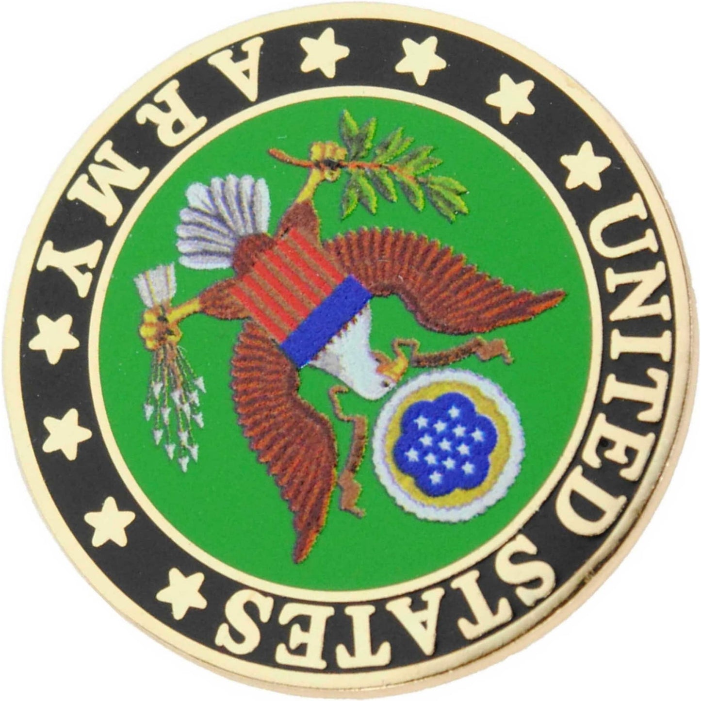 US Army logo metal and soft enamel lapel pin bottom right angle view
