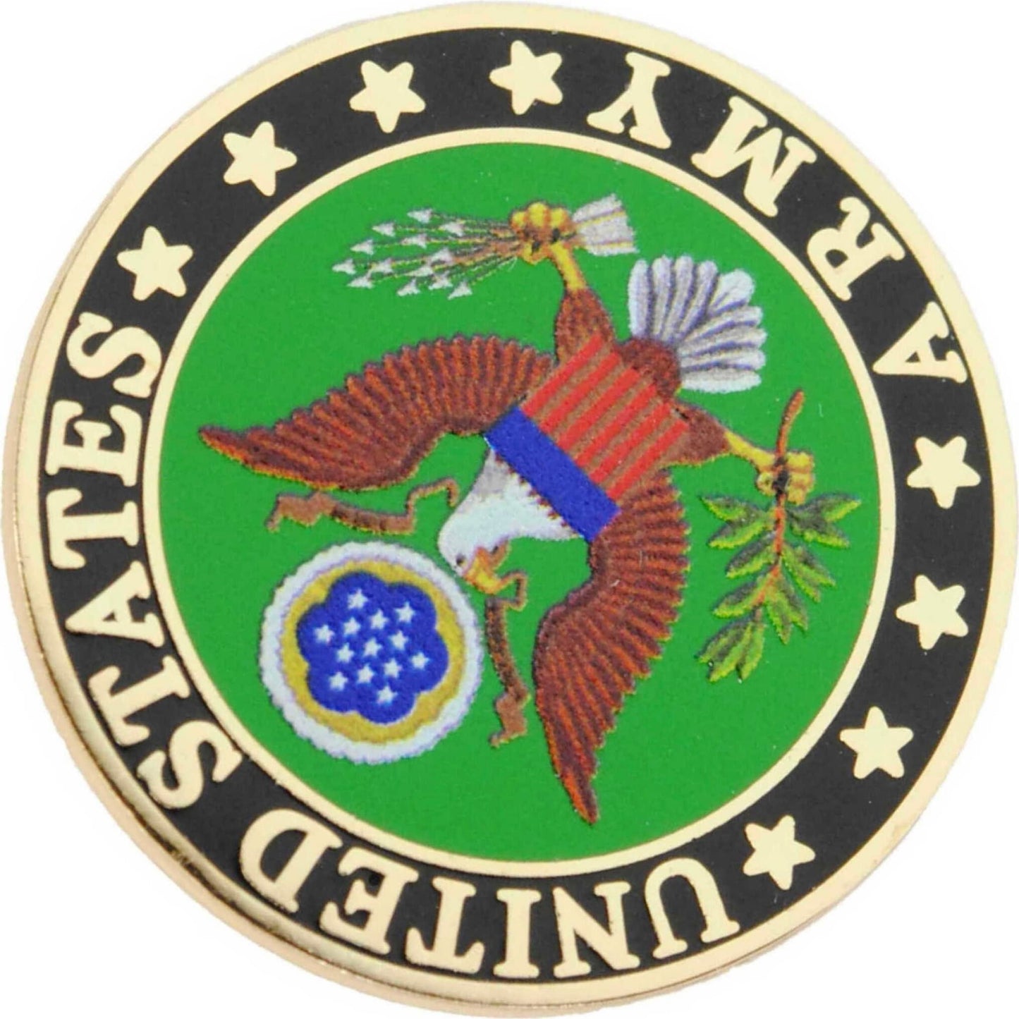 US Army logo metal and soft enamel lapel pin bottom left angle view