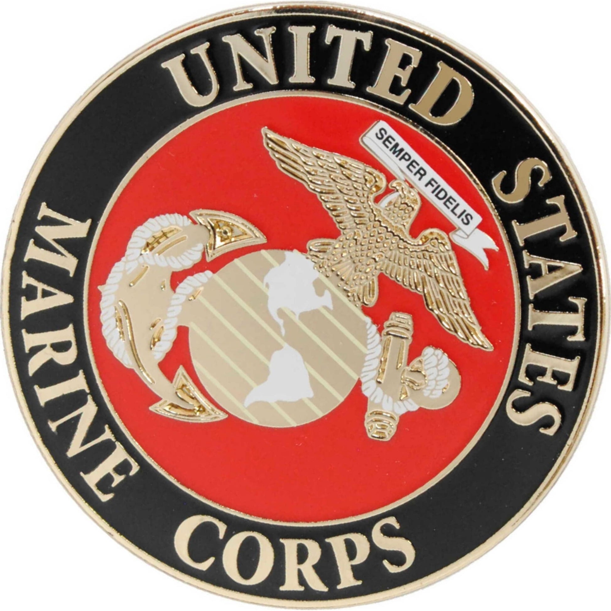 US Marines logo metal and soft enamel lapel pin top right angle view