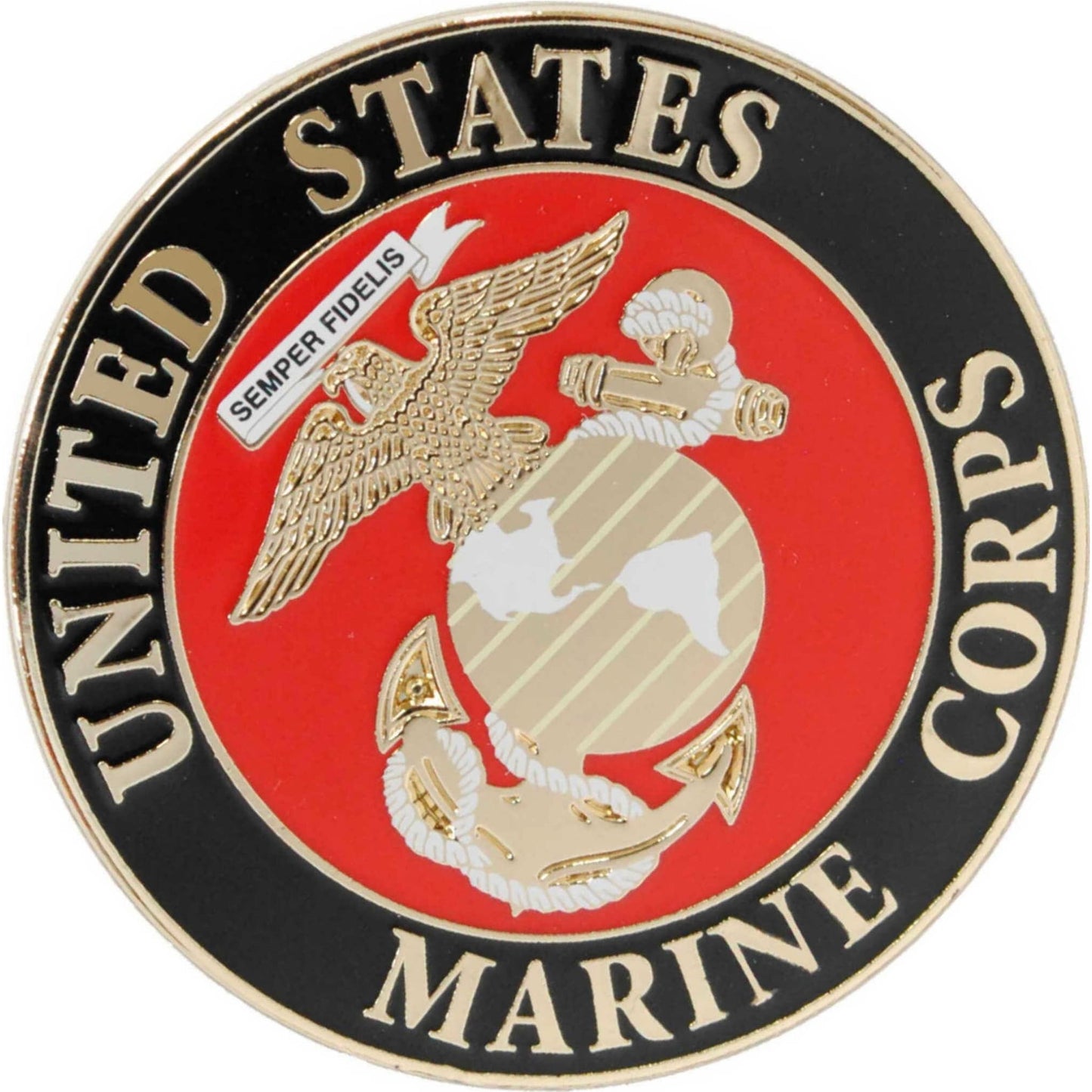 US Marines logo metal and soft enamel lapel pin top left angle view