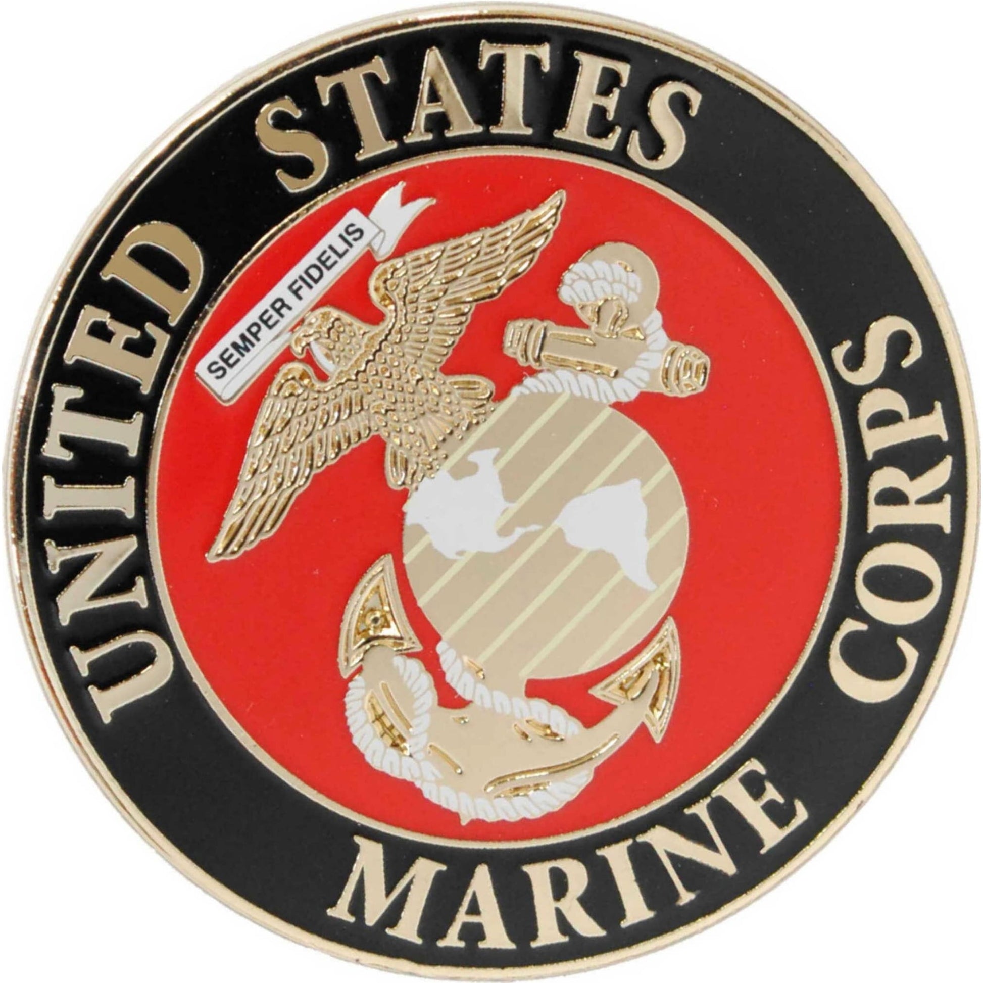 US Marines logo metal and soft enamel lapel pin top left angle view