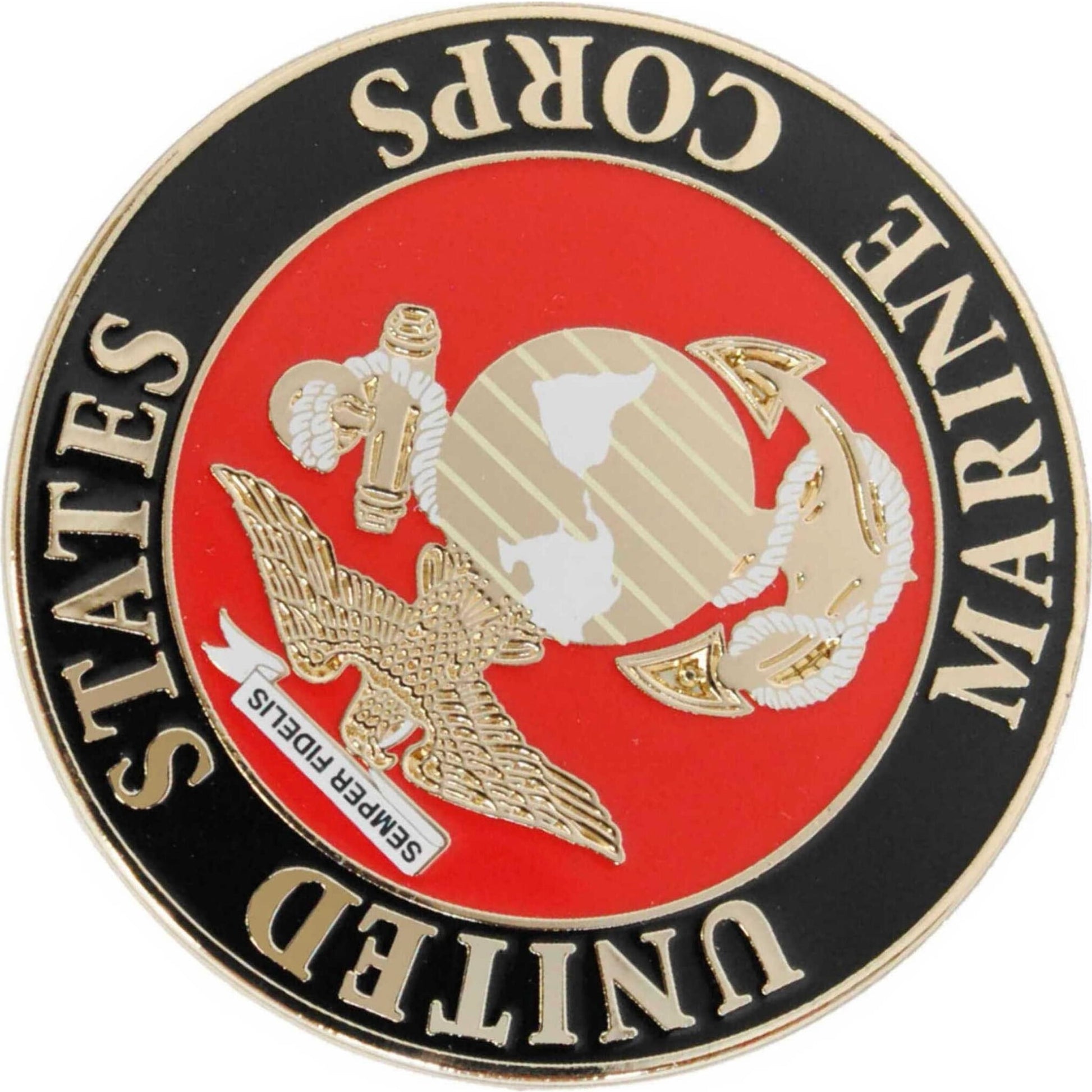 US Marines logo metal and soft enamel lapel pin bottom left angle view