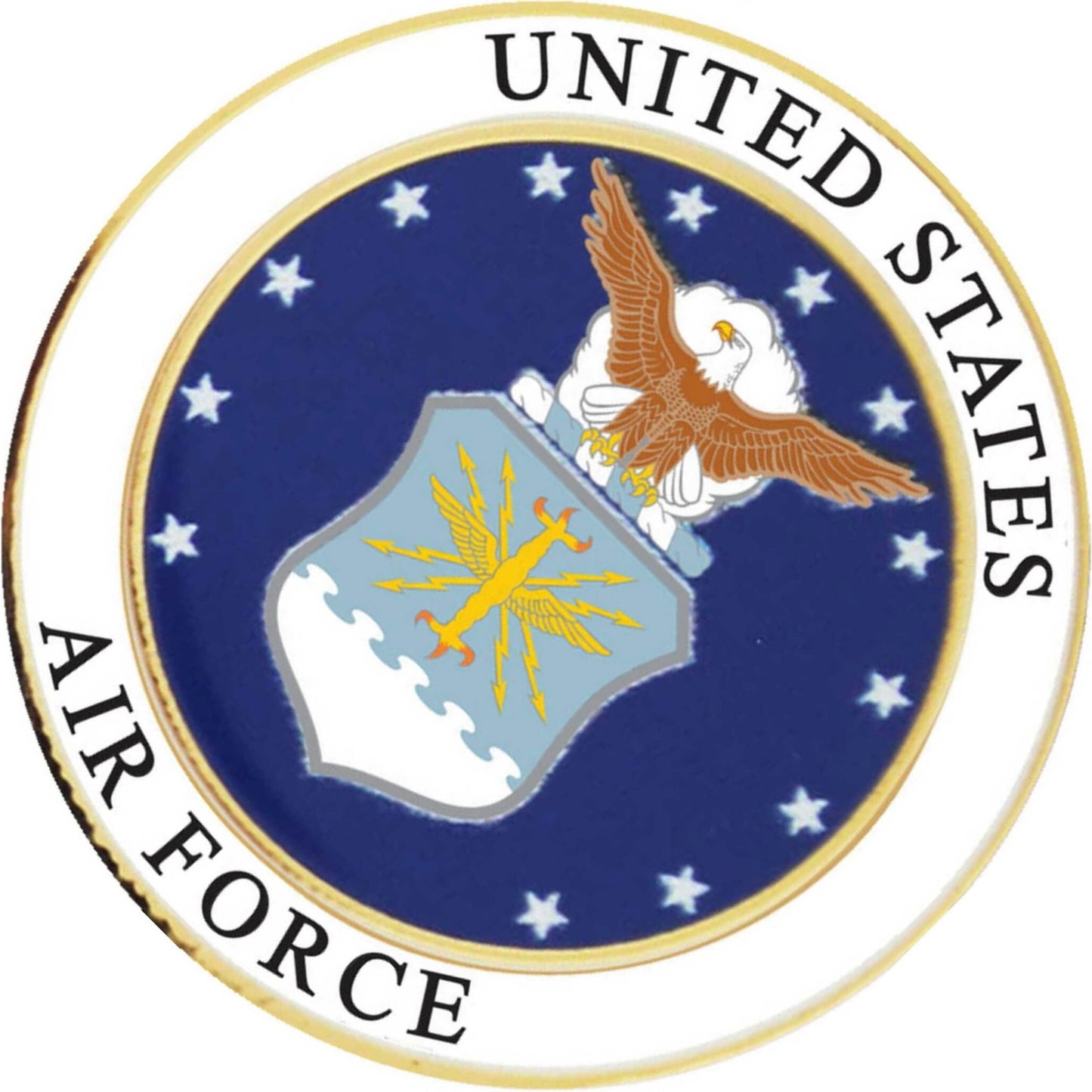 US Air Force logo metal and soft enamel lapel pin top right angle view