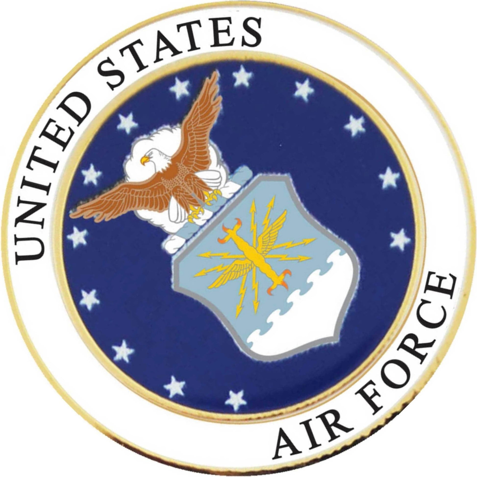 US Air Force logo metal and soft enamel lapel pin top left angle view