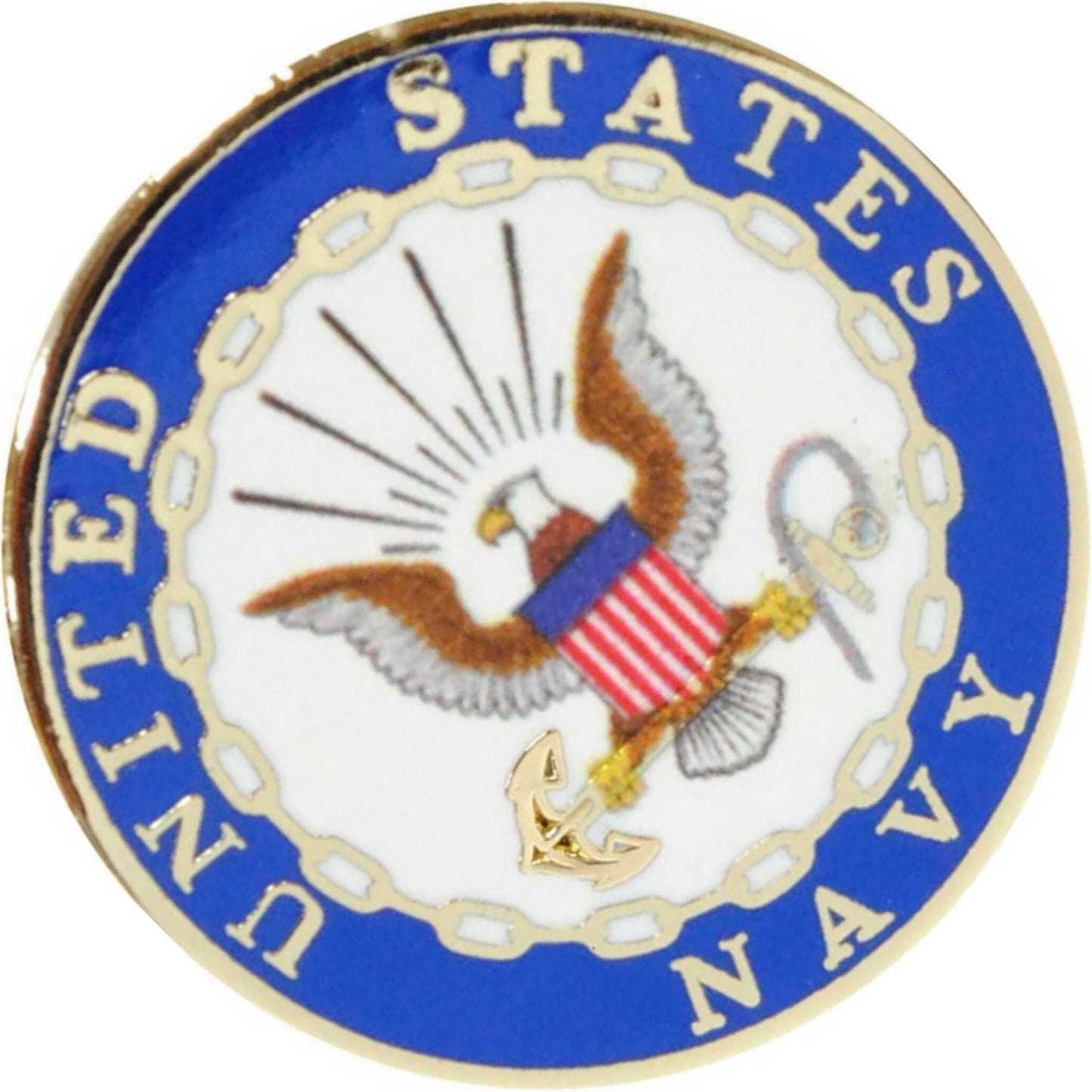 US Navy logo metal and soft enamel lapel pin top left angle view