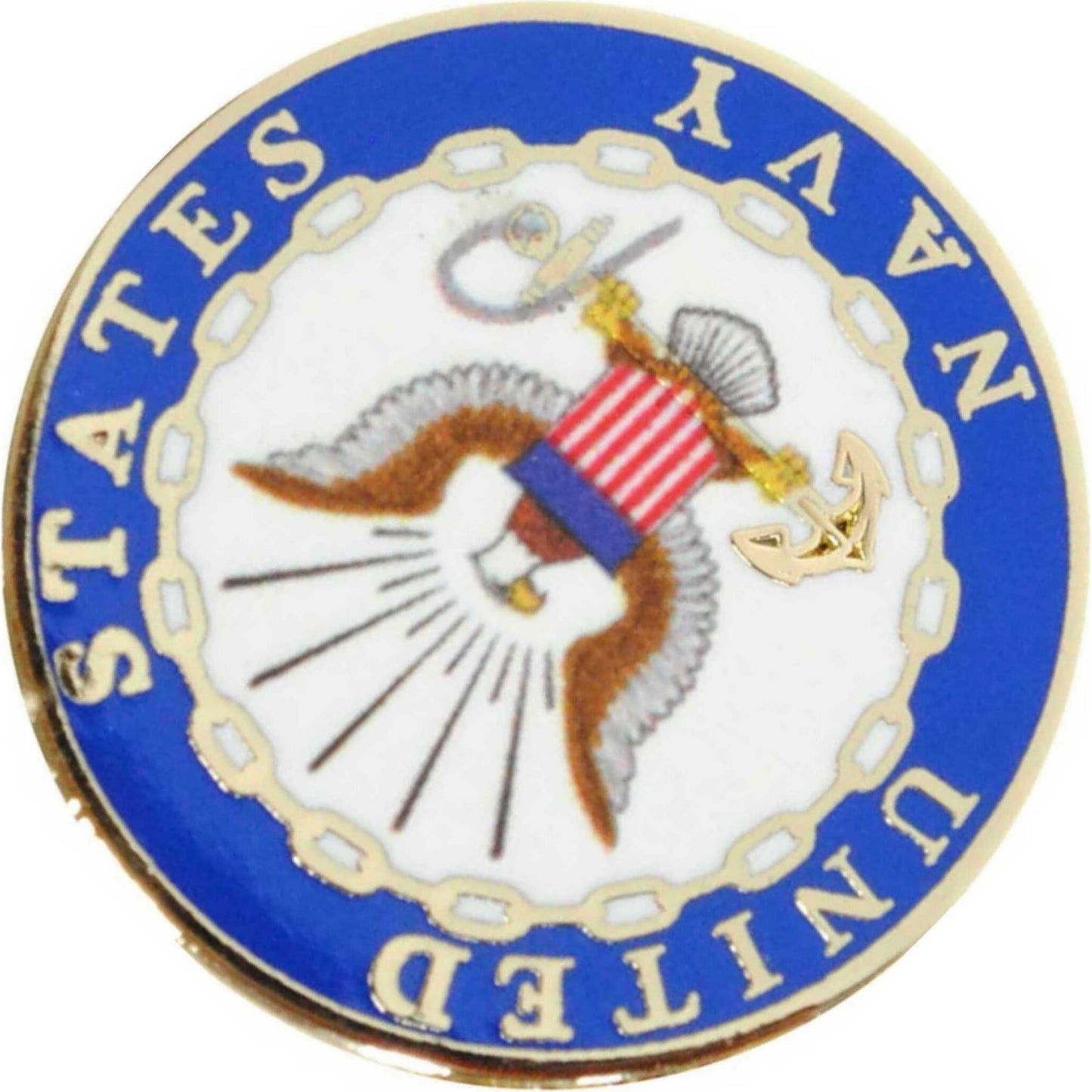 US Navy logo metal and soft enamel lapel pin bottom left angle view