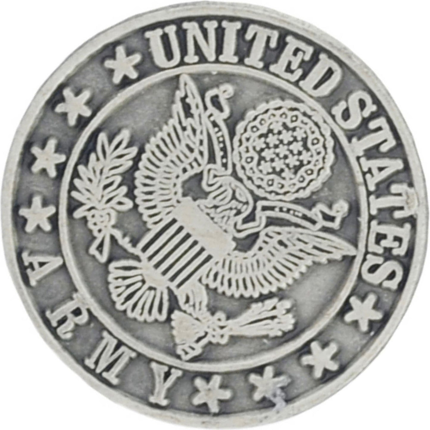 US Army logo pewter lapel pin top right angle view
