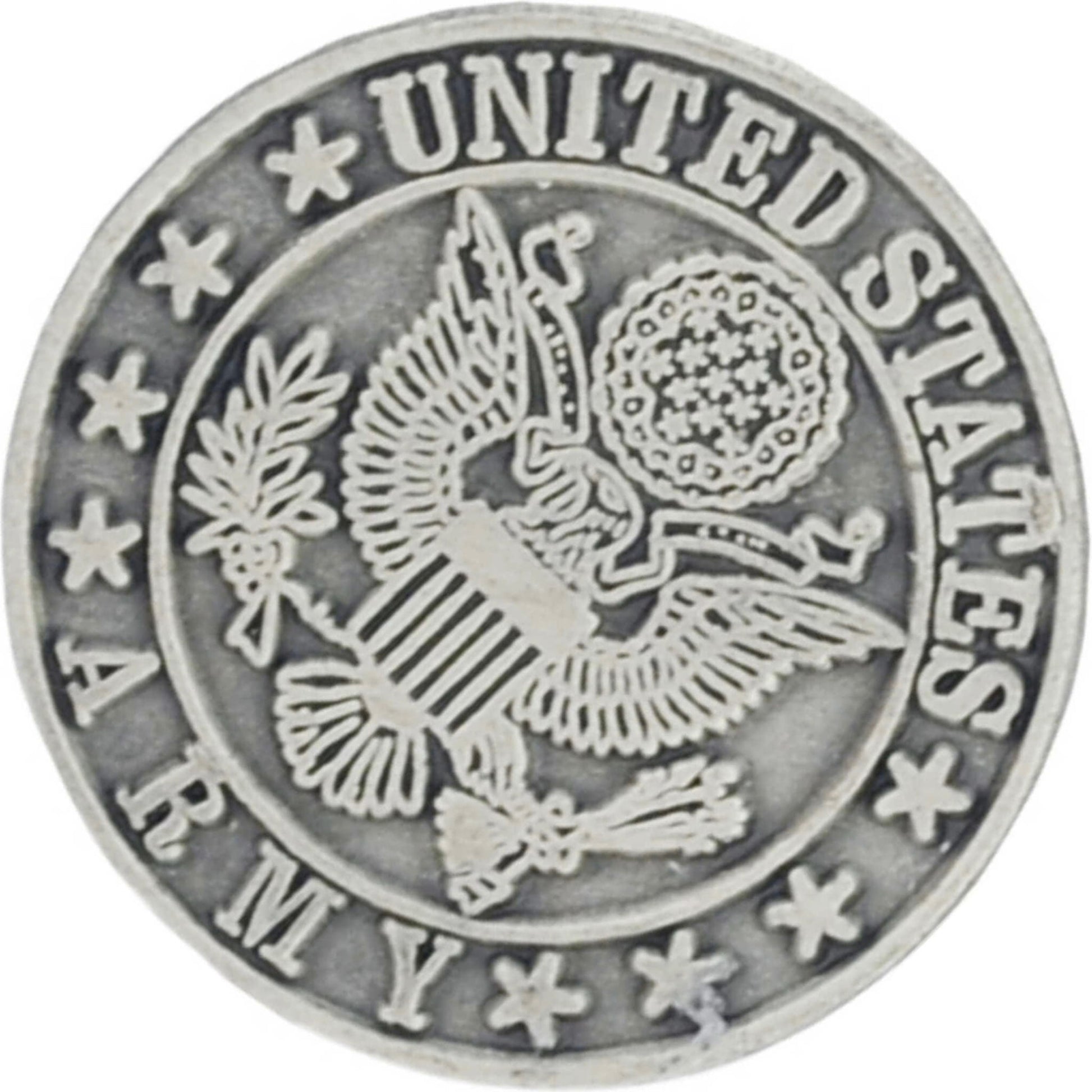 US Army logo pewter lapel pin top right angle view