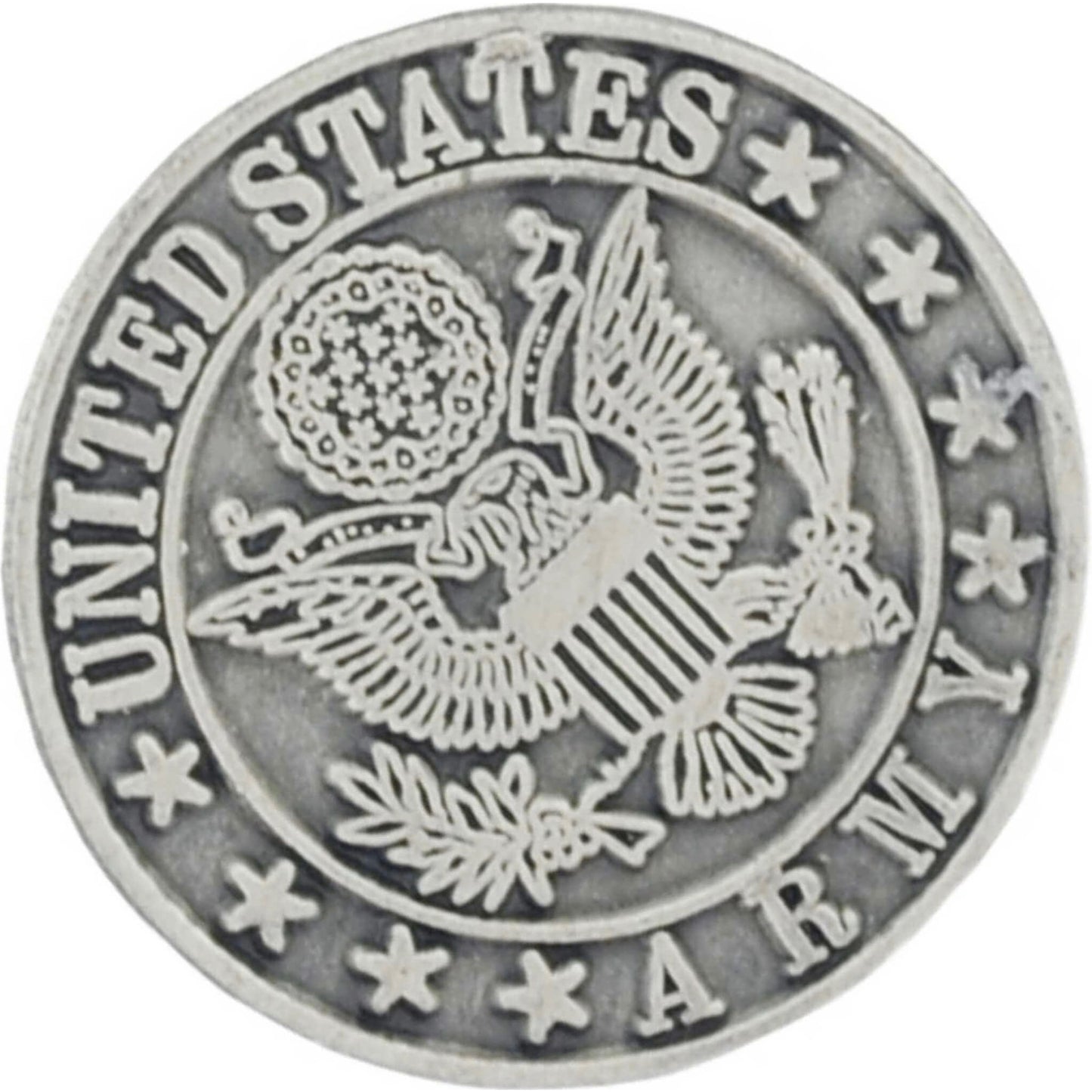US Army logo pewter lapel pin top left angle view