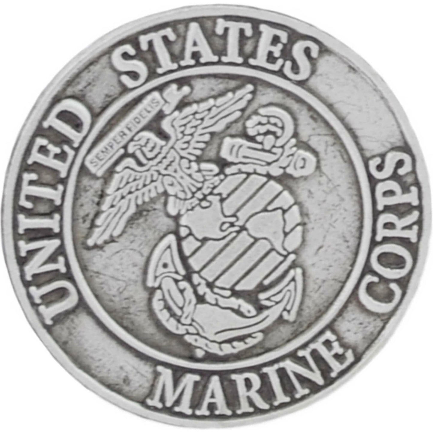 US Marines logo pewter lapel pin top left angle view