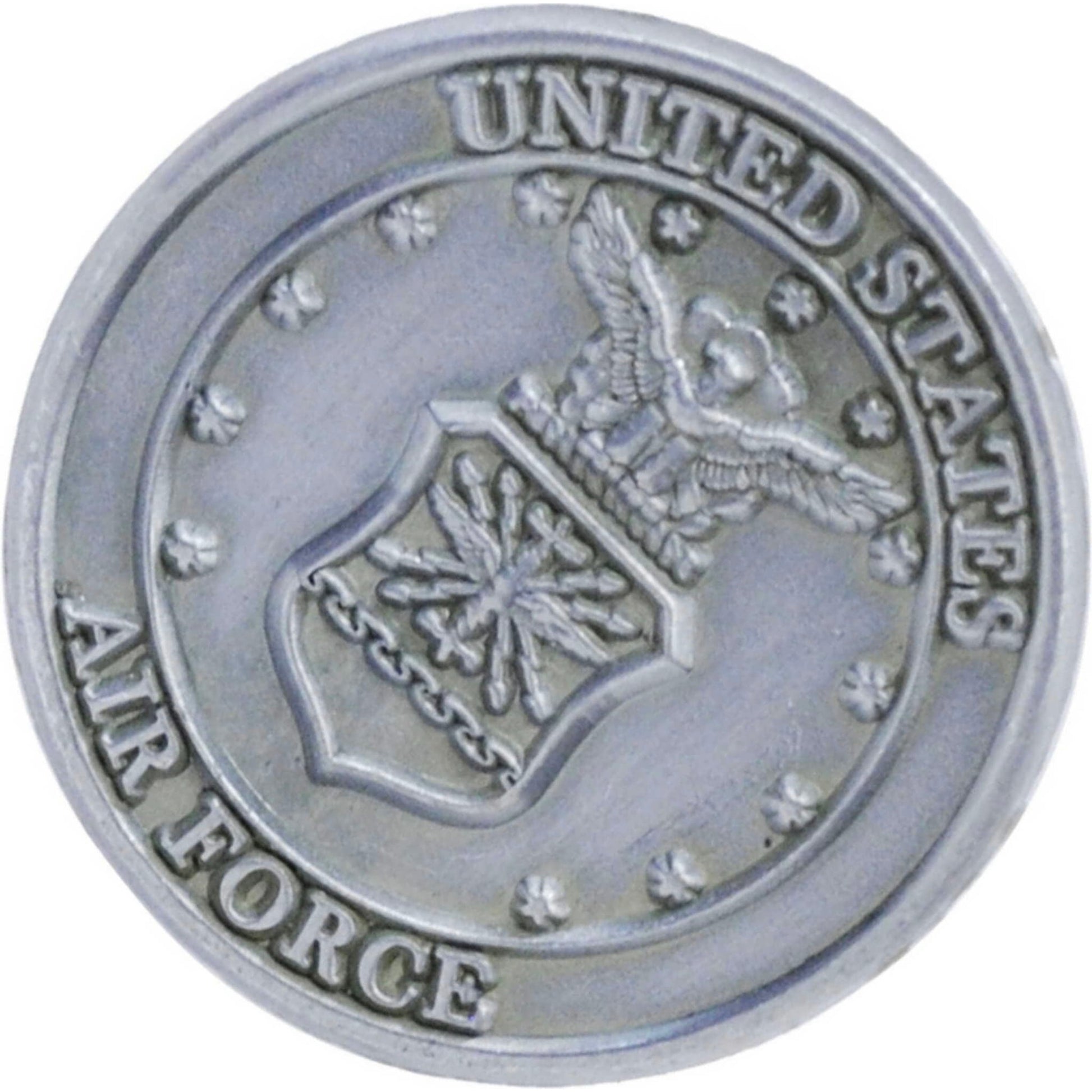 US Air Force logo pewter lapel pin top right angle view
