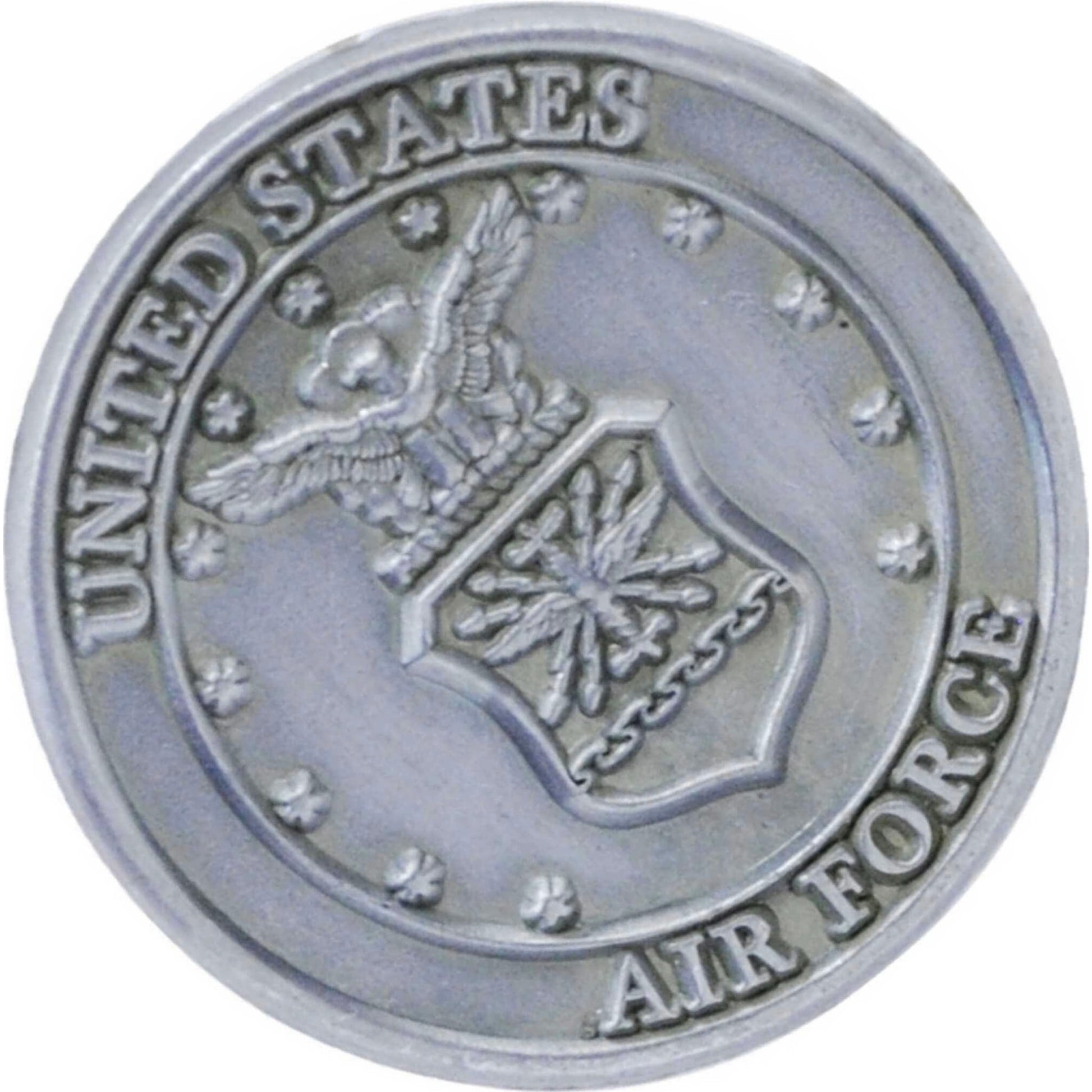 US Air Force logo pewter lapel pin top left angle view