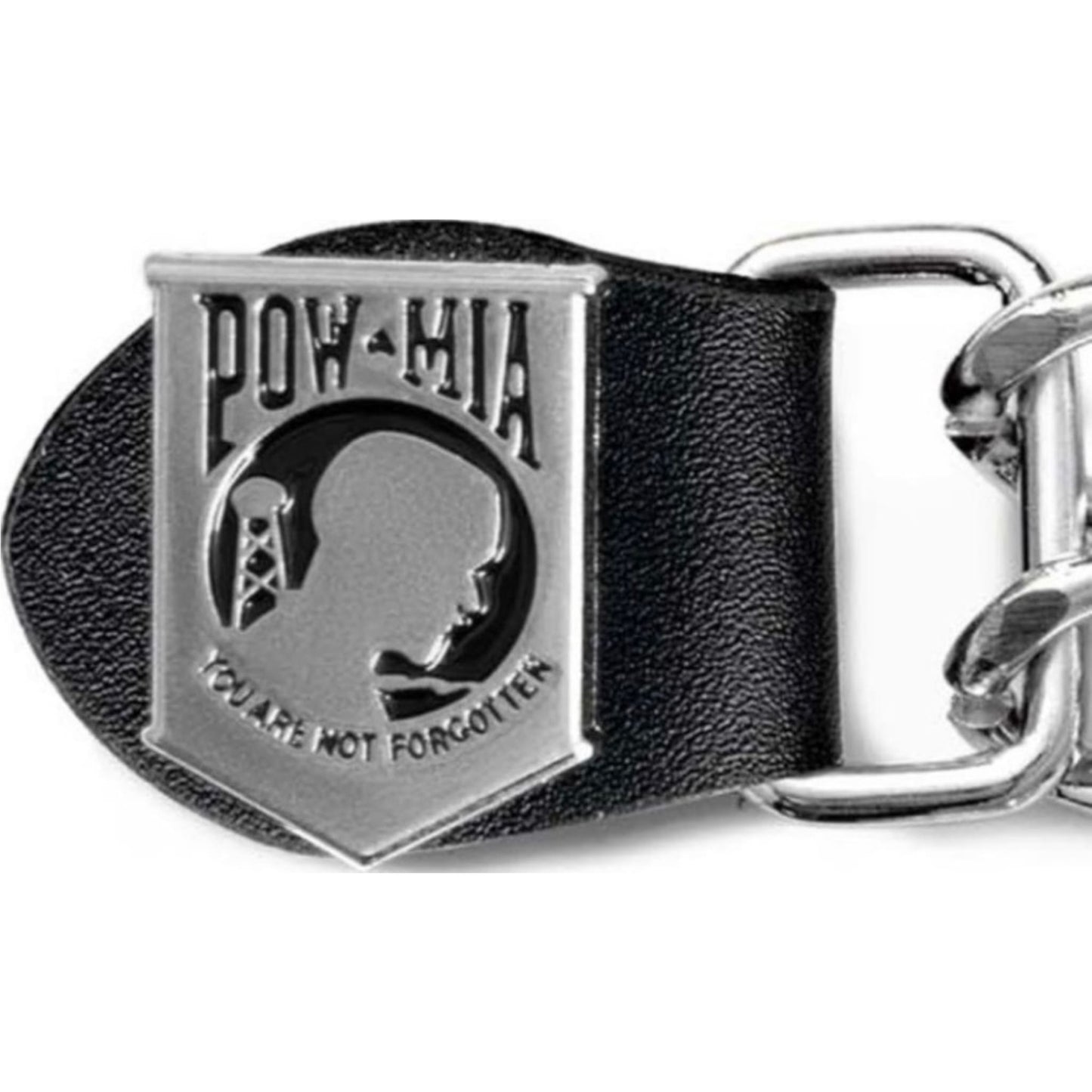 POW MIA vest extender snap zoom - motorcycle leather vest accessory