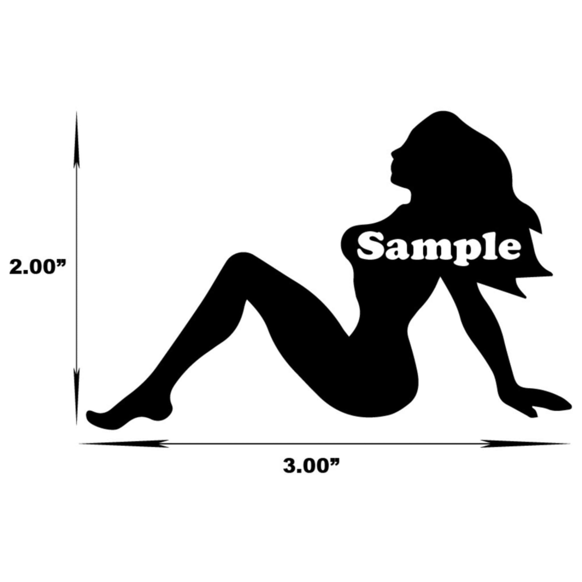 sample trucker girl silhouette image facing left sticker with dimensions of 2 inches high by 3 inches wide